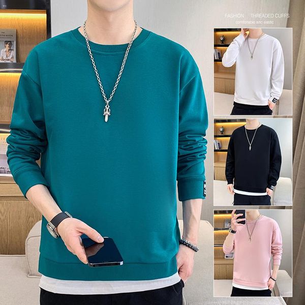 

men's hoodies & sweatshirts mens casual harajuku solid color 2021 fashion male fake two pieces o-neck sweatshirt hip hop streetwear, Black
