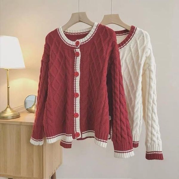 

women's knits & tees chic contrast color cable- knit sweet sweater o-neck long sleeve single-breasted cardigans 2021 fall retro loose k, White