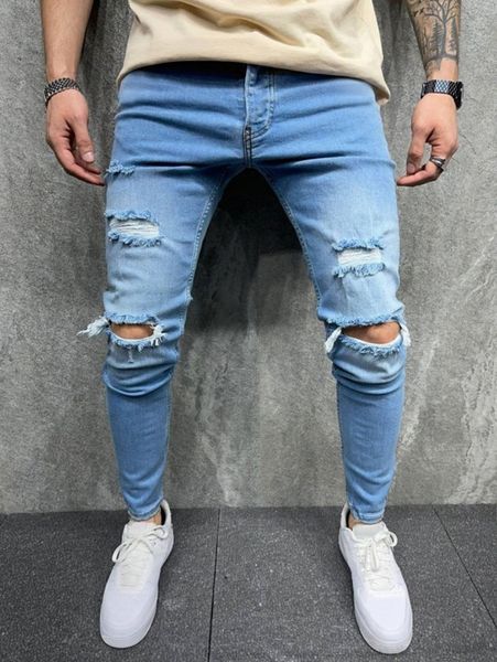 

men slant pocket ripped skinny jeans l1j7#, Blue