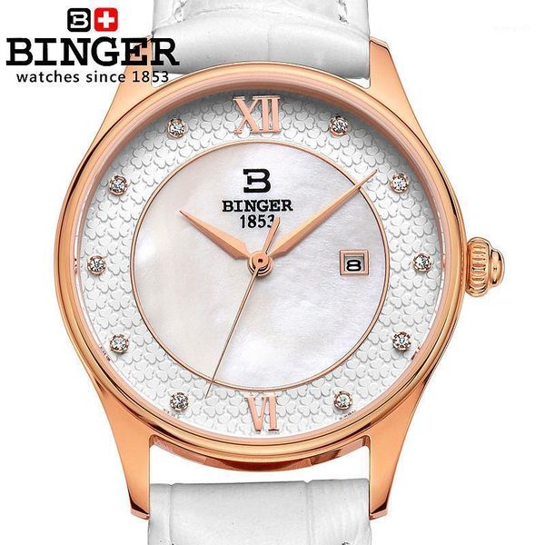 

switzerland binger watches women clock leather strap quartz diamond ultra-thin female wristwatches b3027-1, Slivery;brown