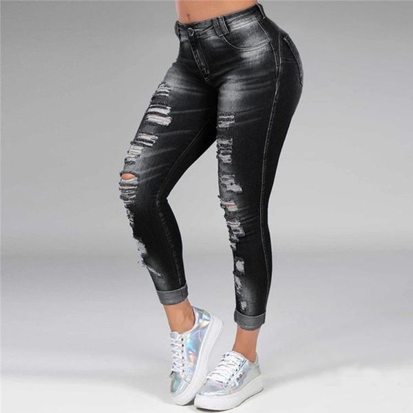 

women's jeans ladies ripped holes show thinness stretch trousers women, Blue