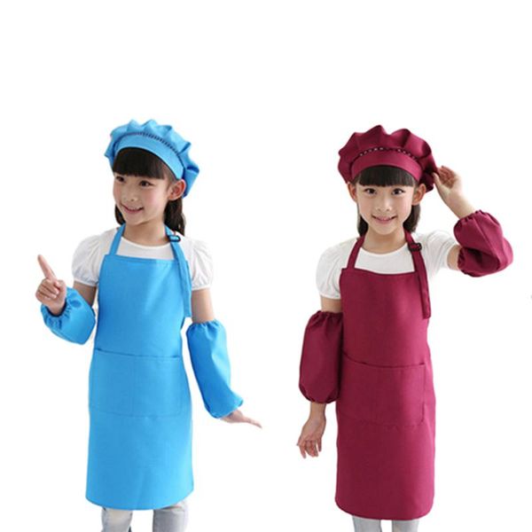 

aprons 2set kids full apron bib set with pocket and hat sleeves craft chef cooking art children diy apparel wine red & blue