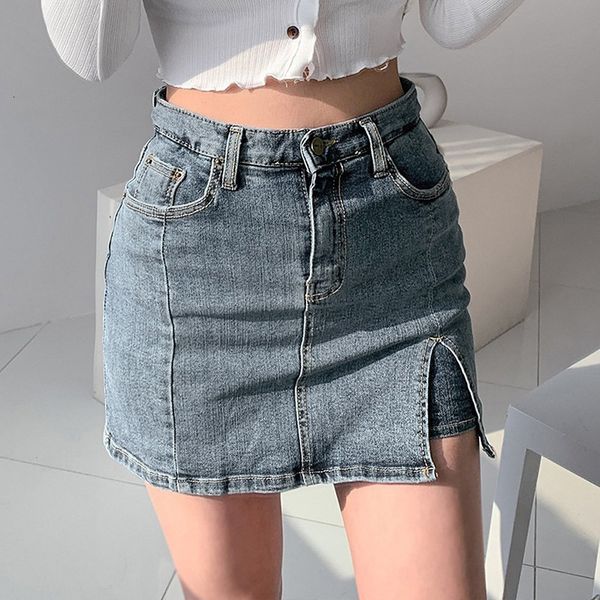 

breeze pants denim bodycon side split cut mini skirt straight aesthetic waist high summer fashion clothes, Black
