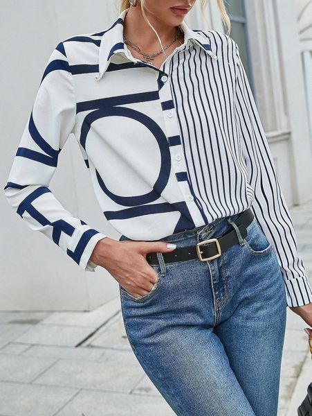 

letter & striped print button front blouse y5hw#, White