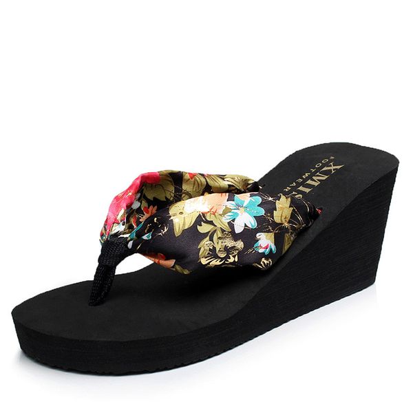 

bohemian silk flip flops womens muffin slippers platform flower shoes womens wedges slippers zapatos mujer, Black