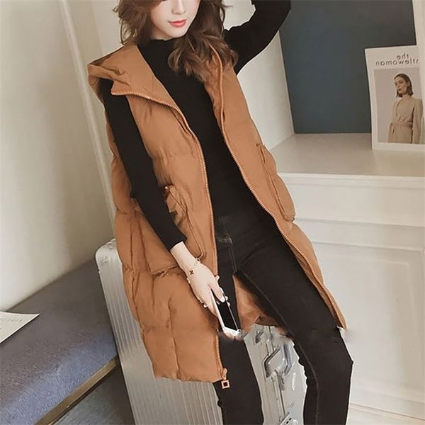 

autumn winter women vest waistcoat long down cotton jacket loose oversize bread jacket sleeveless hooded jacket with pocket 211101, Black;white