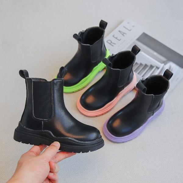 

boots children colored sole 2021 boys girls cowhide kid middle-fashion show thin knight shoes size 26-36, Black;grey