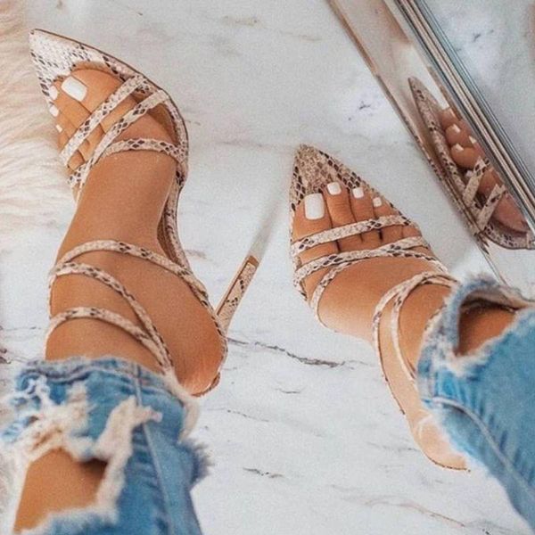 

sandals 2021 snake pattern pointed toe cross-lace ultra-fine high-heeled ladies hollow ankle straps women's shoes patent leather, Black
