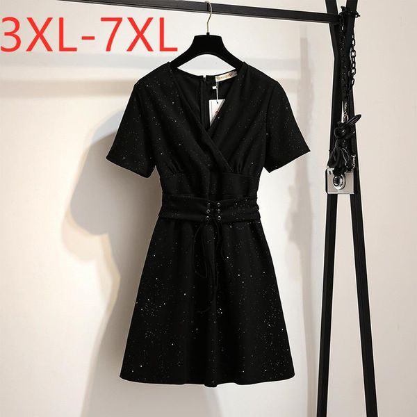 

plus size dresses 2021 summer women for large short sleeve loose black sequin v-neck mini 3xl 4xl 5xl 6xl 7xl