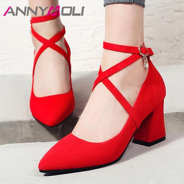 

dress shoes annymoli ankle strap high heels woman thick heel pointed toe pumps buckle female footwear black pink large size 43