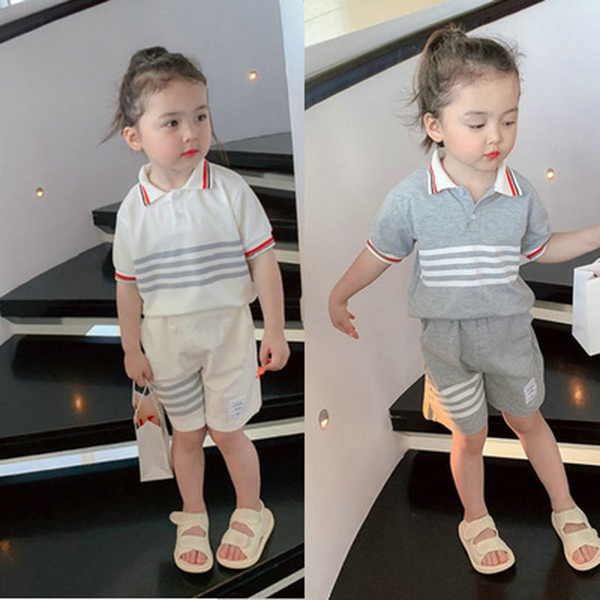 

boys and girls suit striped lapel polp shirt and shorts 2022 summer new sports shirt popular childrens clothing, White