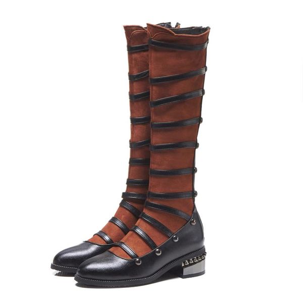 

boots winter style punk suede binding metal decorative high tube round head chinese root women's long fashion, Black