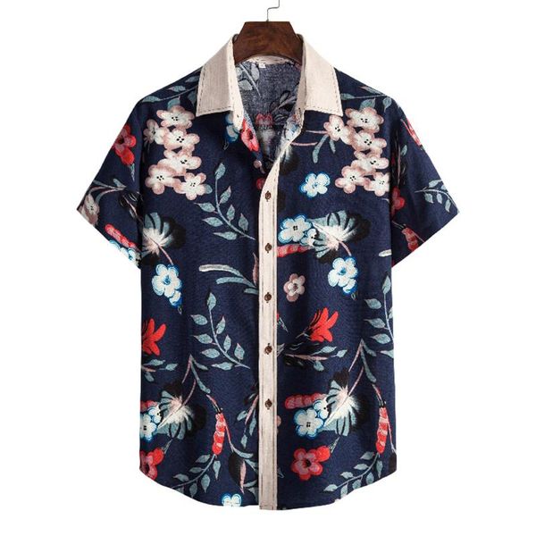 

men's casual shirts summer fashion men hawaiian shirt ethnic print buttons cotton linen short sleeve beach blouse streetwear vacation, White;black