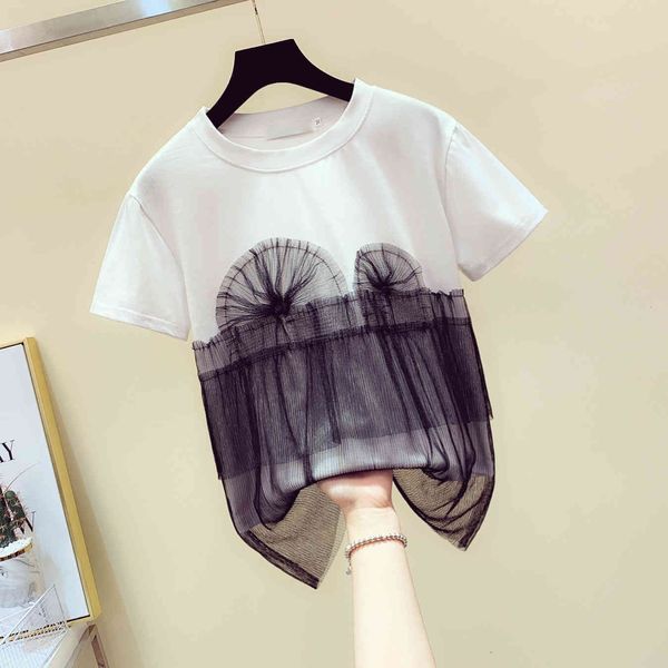 

t shirt summer tshirt women short sleeve t-shirt fashion black mesh stitching loose shirt t-shirts girls ladies tee t, White