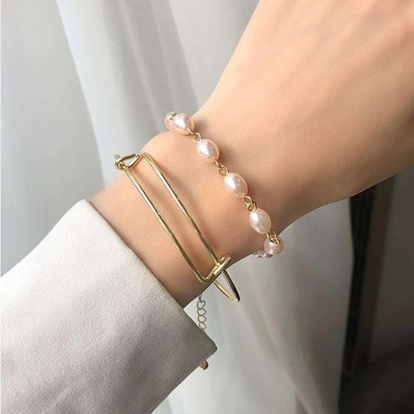 

tennis 52692 baroque pearl bracelet 2-piece set personality girl's hollow out metal wind, Golden;silver