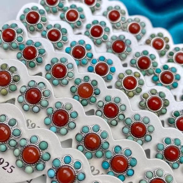 

stud 5 pairs 925 silver natural turquoise agate earrings for women girls party wedding jewelry charm colored gemstone, Golden;silver