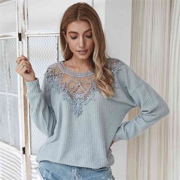 

o-neck full pullovers bottom autumn women's summer fashion stitching lace classic sweater office lady sweater t-shirt 210508, Black