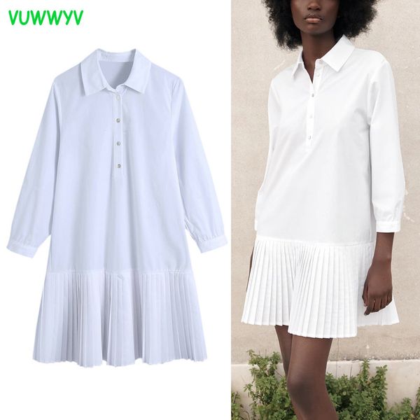 Vwwyv Белая плиссированная рубашка платье женщины лето элегантный повседневная улыбка дизайн короткие женщины с длинным рукавом Ruched Vestidos 210430