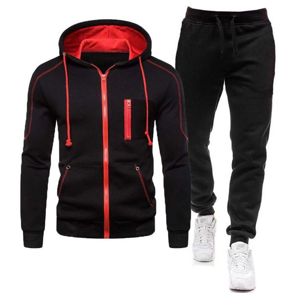 2 pedaços conjuntos de tracksuits homens outono zíper moletom moletom + calças sólidas aptidão esportiva com capuz outerwear jaqueta jaqueta terno