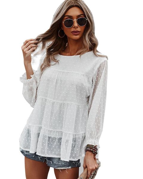 

women's blouses & shirts donsignet fashion blouse autumn casual round neck pullover solid color double-layer mesh stitching top, White