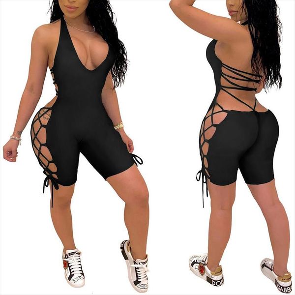 

solid color hollow out women jumpsuits backless sleeveless strap deep v halter romper lace up jumpsuit fitness bodysuit partywear, Black;white
