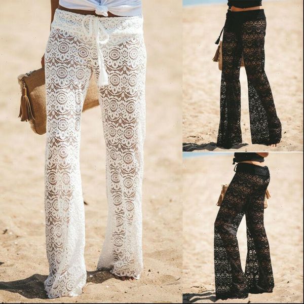 

women womens capris crochet beach wide leg pants see through swimwear bikini cover up lady hollow out long trousers, Black;white