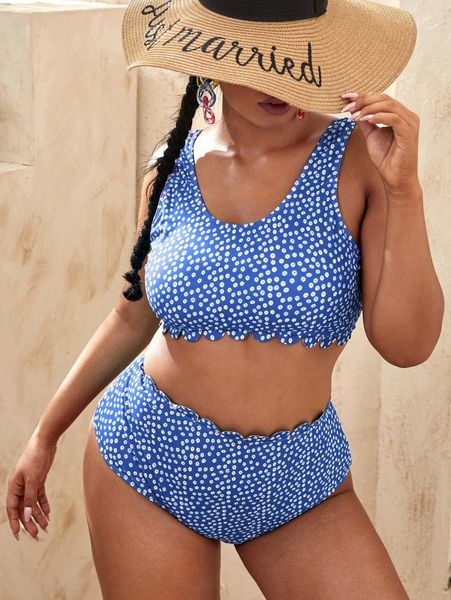 

plus ditsy floral scallop trim bikini swimsuit u60r#, Black