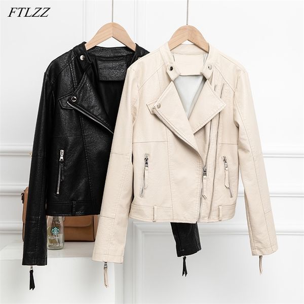 

autumn women beige pu faux leather jacket motorcycle biker black slim fit high street female coat outwear 210430