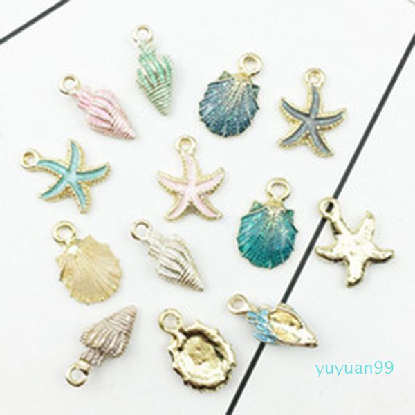 

13pcs/lot nautical ocea enamel sea starfish shell conch hippocampus charms colorful oil drop pendant for jewelry accessories diy, Bronze;silver