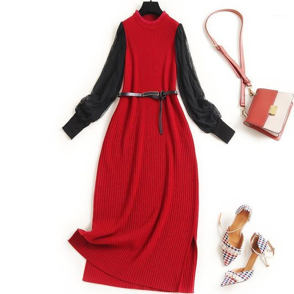 

runway fashion women fall winter midi knitting sweater dress long sleeve clothes lace patchwork casual robe femme party vestidos dresses, Black;gray