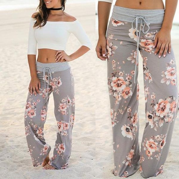 

fashion floral print straight pants moderate feel normal length elasticity belt women loose elastic wide leg trousers, Black;white