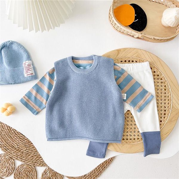 

clothing sets born baby boys girls infant kids long sleeve striped sweatshirt+knitted vest sweater waistcoat+pants 3pcs suits, White