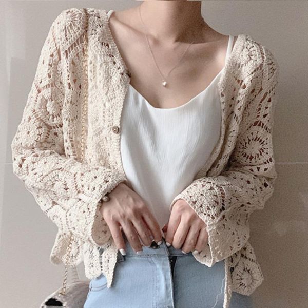 

women's blouses & shirts korean chic autumn women short blouse loose long-sleeve hollow out crochet vintage cardigan lace shirt, White