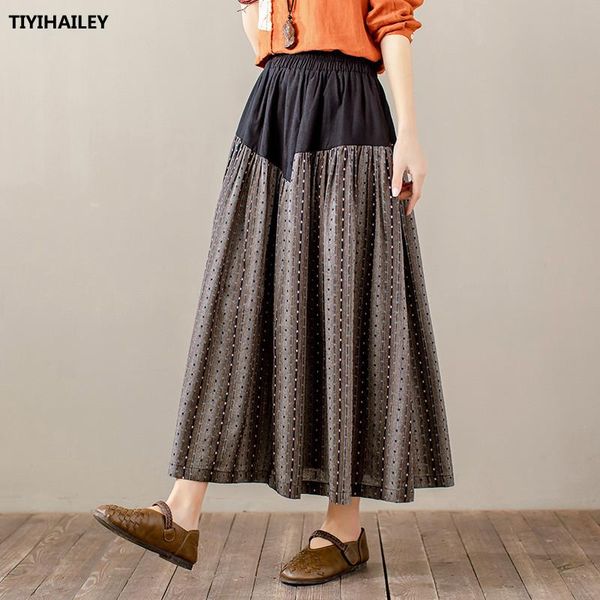 

skirts tiyihailey 2021 long maxi a-line elastic waist women cotton linen patchwork spring summer big hem black