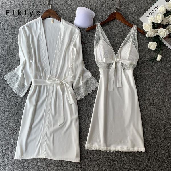 

women's sleepwear fiklyc lace halter v neck backless nightdress with full sleeve bathrobes satin pajamas sets fashion womens nightwear, Black;red