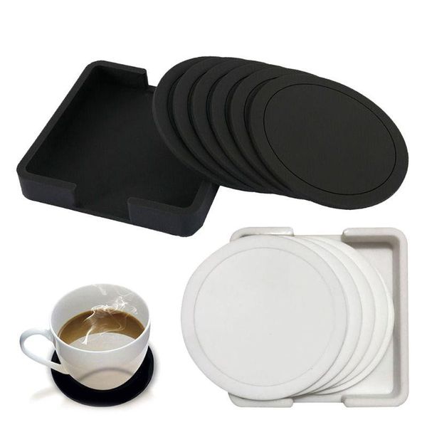 

mats & pads 7pcs non-slip silicone drinking set holder cup mat round coffeee black tablefor home office
