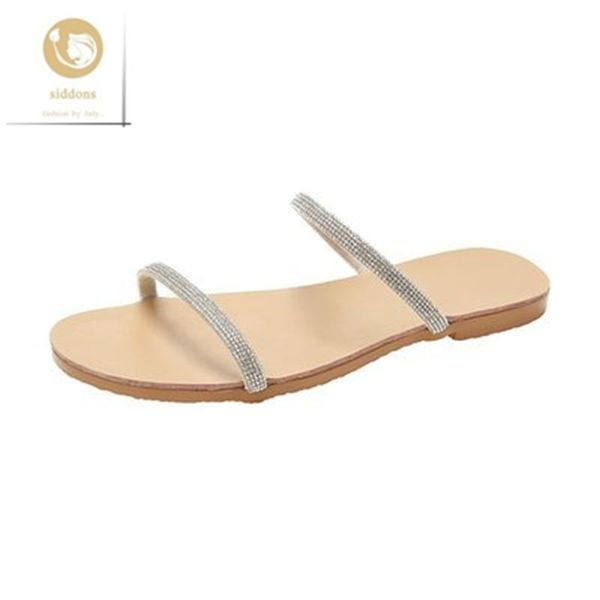 

sandals slippers women summer 2021 rhinestone flat-heel open-toed and, Black