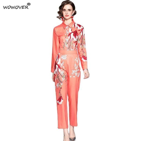 

women's two piece pants europe fashion autumn woman 2 set runway elegant long sleeve floral print blouse and trousers suit lady party o, White