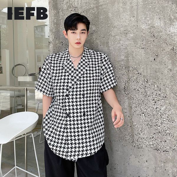 IEFB Masculino Nicho Nicho Design Tendência Terno Colares Camisa Vintage Vintage Preto Branco xadrez Camisas Dupla Breasted Top 9y7757 210524