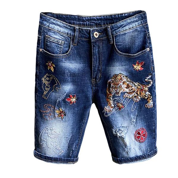 

men's shorts summer fashion chinese tiger embroidered casual denim high-quality straight slim hip hop brand jeans, White;black