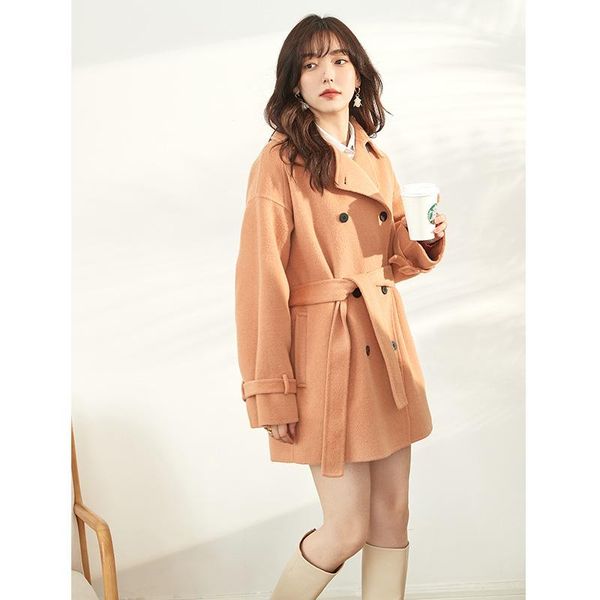 

women's wool & blends [rongtai] shrimp pink raccoon double face cashmere coat for women 2021 breasted short woolen, Black