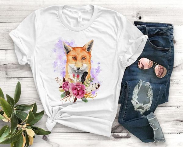 

fox flower flora print womens cotton casual funny yong girl tee pm 100, White