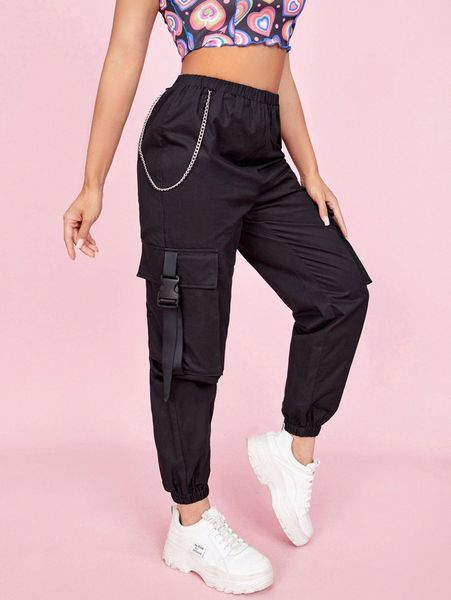 

petite press buckle strap pocket patched pants with chain i6xj#, Black;white