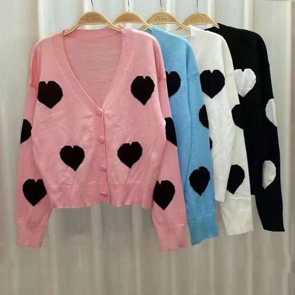 

women's knits & tees fashion sweet heart print sweater cardigan women v-neck button knitted autumn winter loose student woman sweaters, White