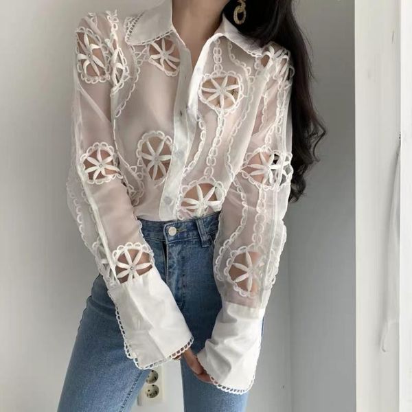 

women's blouses & shirts plus size white lace blouse women spring hollow out floral embroidery shirt see through long slee