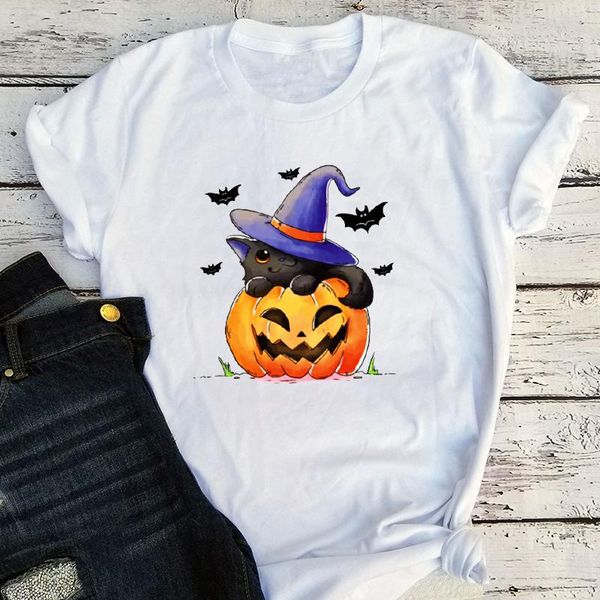 

women's t-shirt vintage halloween t shirt pumpkin graphic women clothes and black cat goth tees l, White