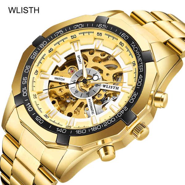 

wlisth men hollow out fully automatic mechanical watches luxe gold superb craft lights waterproof music, Slivery;brown