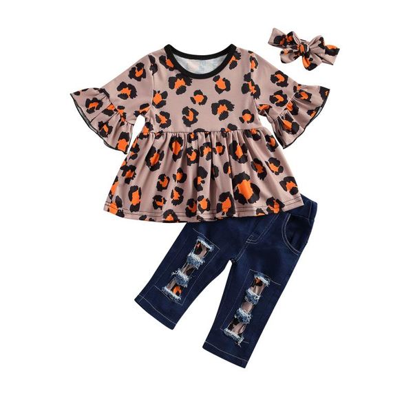 

clothing sets citgeesummer 3-7years toddler baby girls leopard pattern printing three-pieces set short sleeve +long pants+headband, White