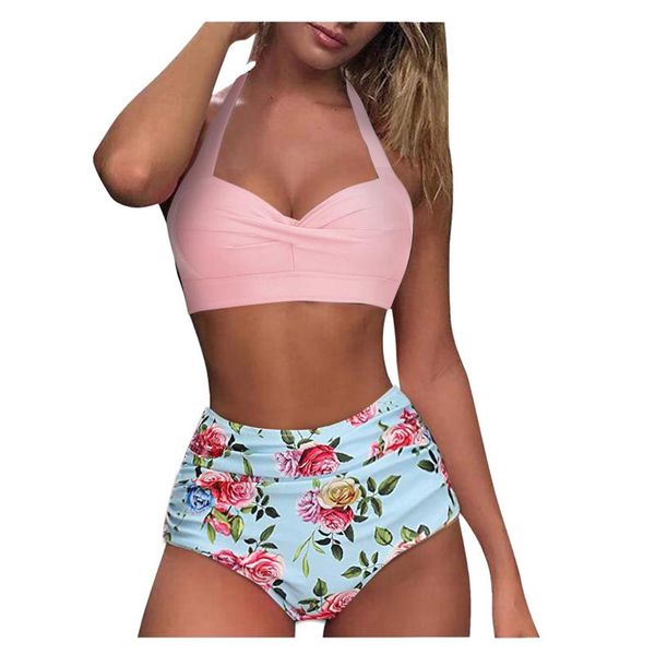 

women's swimwear women swimsuit tree print bikini vintage ladies two piece halter ruched high waist set biquini fatos de banho #t1g, White;black