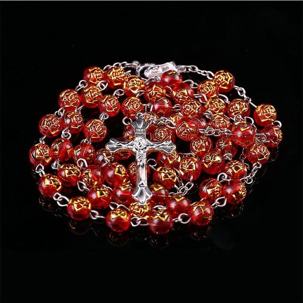 

pendant necklaces 8mm round rose bead necklace, heart-shaped rosary jesus in catholic virgin mary center, Silver